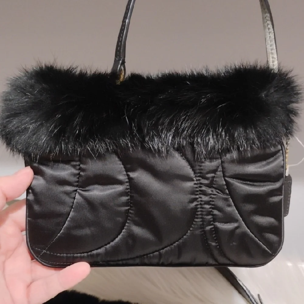 Coach Y2K Black Shoulder Bag W Rabbit Fur Trim & Matching Wallet/Wristlet Bundle